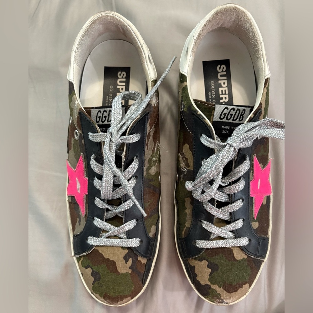 Golden Goose Camouflage Sneakers with Black and White Accents and hot pink stars